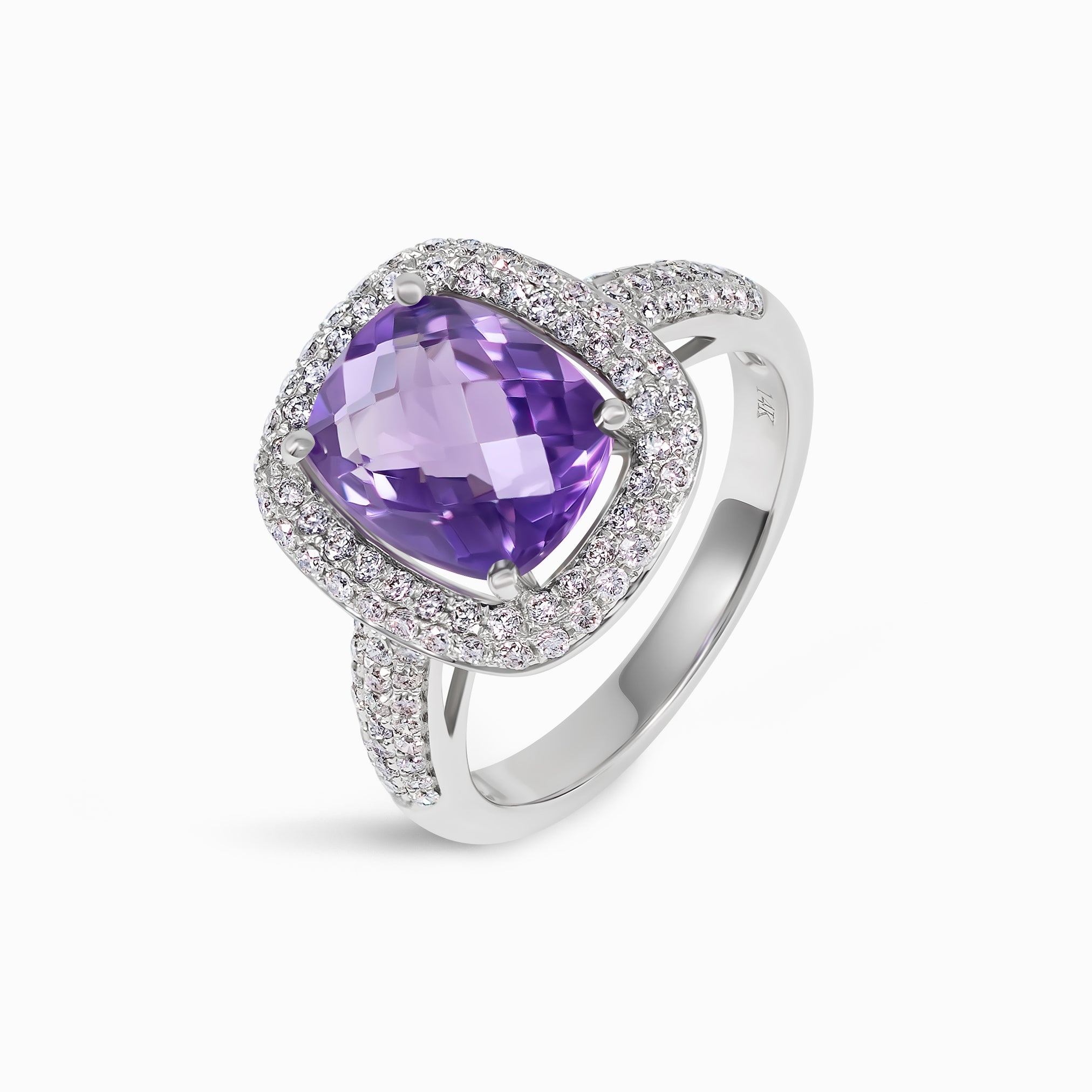14K White Gold Amethyst & White Diamond Halo Engagement Ring - Size 8, Bridal Wedding Ring